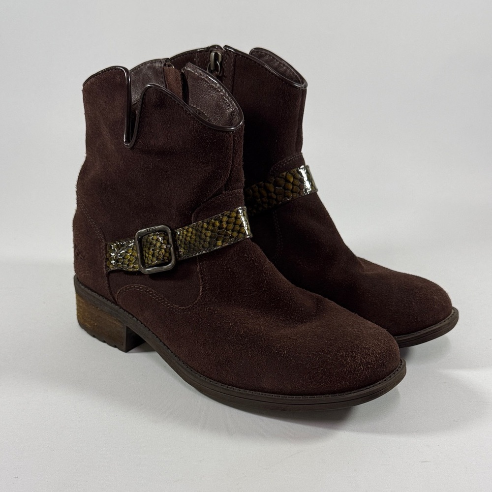 UGG Brown Suede Ankle Boots with Snakeskin Strap Women Size 9